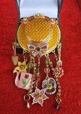 LATR 2GO Lunch At The Ritz Enamel Gardening Hat Rhines Dangle Pendant Pin Brooch