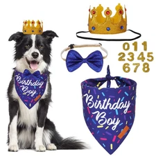 Dog Birthday Party Supplies, Birthday Boy Bandana Golden King Crowns with Num...