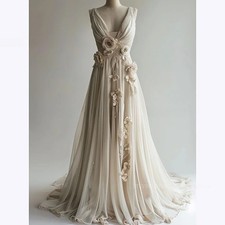 Classic V-Neck Prom Dress 3D Flowers Appliques Floor Length Cocktail Prom Gown