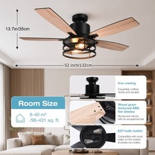 Image of Large Ceiling Fan with Light Black Cage Fan Double-Sided Blade 6 Speed Remote