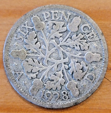 1928 King George V Sixpence 6d coin - Silver .500 - Fair