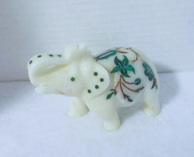 Vintage White Marble Elephant Figurine Inlay Embellished Trunk Up for Luck
