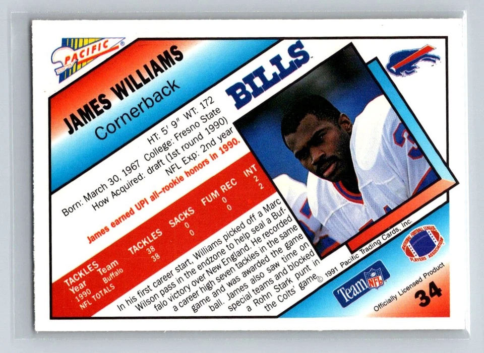 1991 Pacific #34 James Williams Buffalo Bills Football Card - Image 2 of 2
