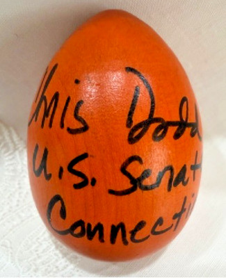 Reagan White House Wooden Easter Egg Signed by Senator Chris Dodd of Connecticut