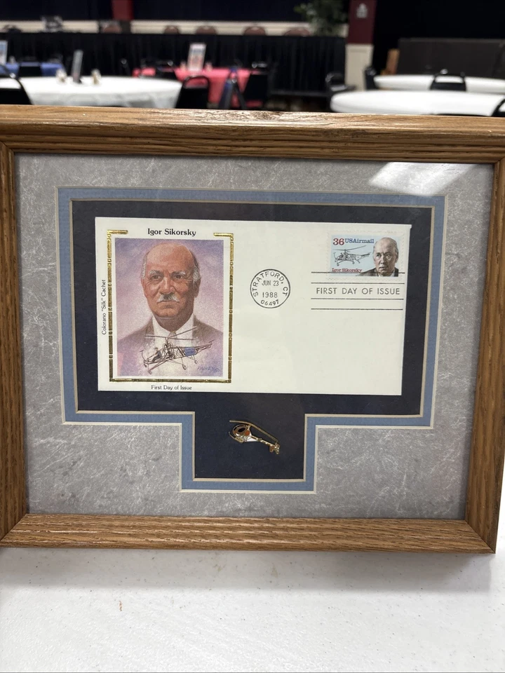 Igor Sikorsky Silk Cachet FDC And Helicopter Pin In A Frame - Image 2 of 4