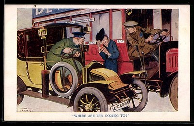 Künstler-AK Where are yer coming to?, Grantige Automobilisten blaffen einen Gei 