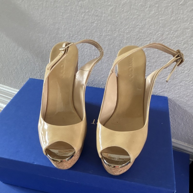 Jimmy Choo Beige Patent Leather Slingback Wedge Sandals Buckle Ankle Strap