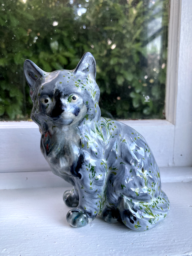 Vintage Cat Figurine Marbled Porcelain Hand Painted Gray Green Cute Kitty