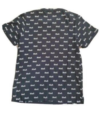 Huf Mens Sz Large T Shirt All Over Print Skateboard Bike Y2K Vtg Black White