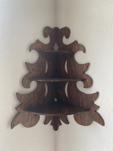 Antique Tiger Oak Corner Wall Shelf, Wooden, Hand Crafted, 20” Tall - Picture 13 of 23