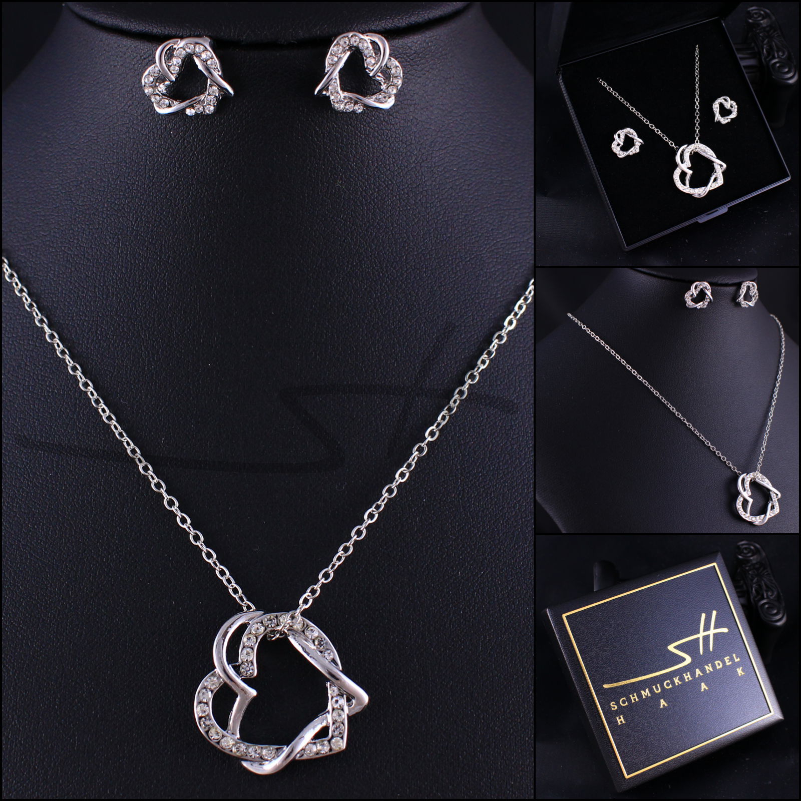 Set Kette Ohrstecker *Herz um Herz* Silber, Frauen + Etui, Geschenk Muttertag