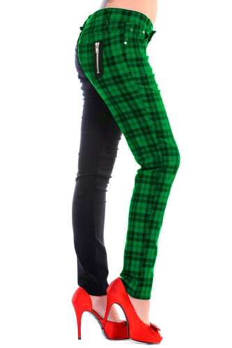 Green Tartan Check Black Split Legs Skinny Punk Stretch Trousers BANNED Apparel - Picture 1 of 1