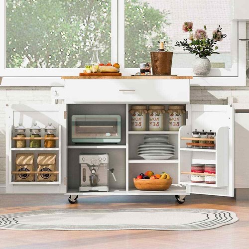 White Rubber Wood MDF Kitchen Cart with Drop-Leaf Countertop, Internal Storage - Picture 8 of 8