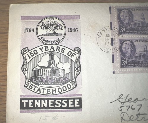 Vtg 1946 3c Tennessee Statehood First Day Of Issue Envelope w/Block of 4 - Picture 3 of 3