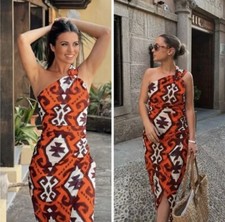 New Zara Orange Printed Dress XS One Side Strap A-Symmetric  Colorful  Boho