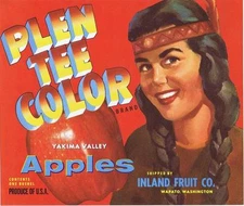 Plen Tee Color, Native American woman 1940's Wapato WA VTG Apple Crate Label