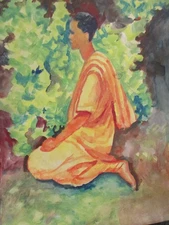 VTG Gouache Painting Andre Delfau Modernist Abstract Surreal Monk Seated Figure