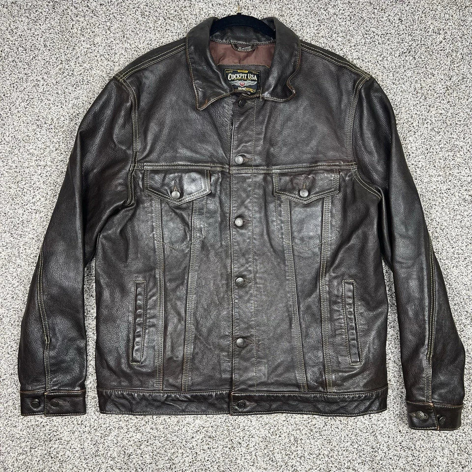 Chaqueta Cockpit EE. UU. Para Hombres Grande Marrón Piel de Cabra Cuero Denim-Estilo Jean Trucker Foto 2 de 4