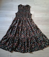 Shein Black Floral Tiered Flared Midi Dress Shirred Elasticated Bodice UK16/18