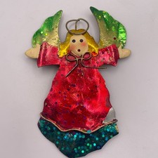 Vintage Christmas Angel Tin Brooch Red Green Foil Glitter Holiday Pin Classic