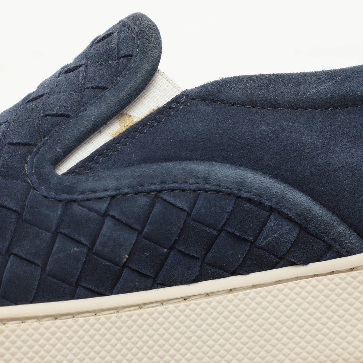 Bottega Veneta Navy Blue Intrecciato Suede Dodger Slip On 