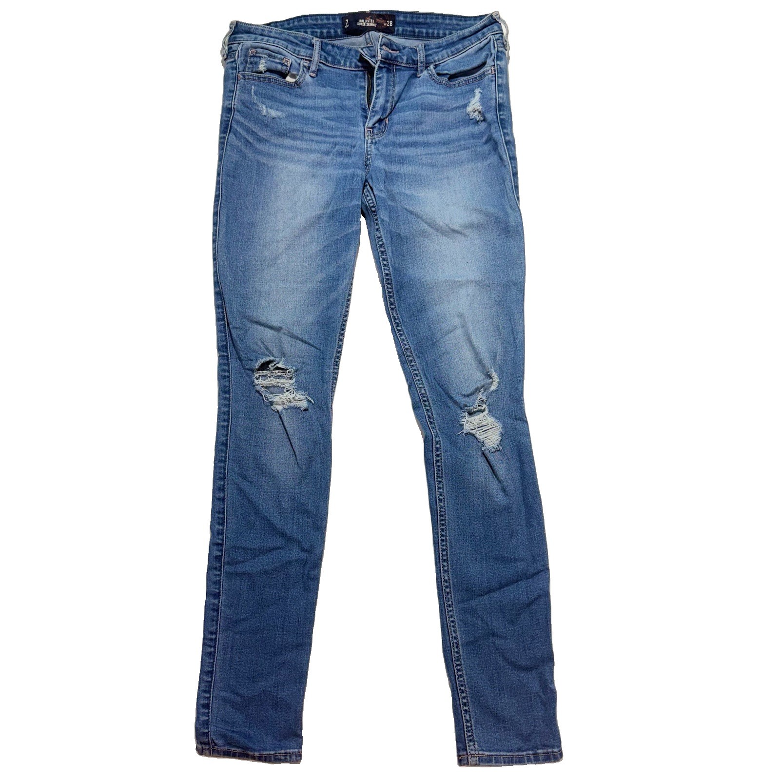 Hollister Super Skinny Jeans Womens 7 Long W28 Blue Denim Low Rise Distressed