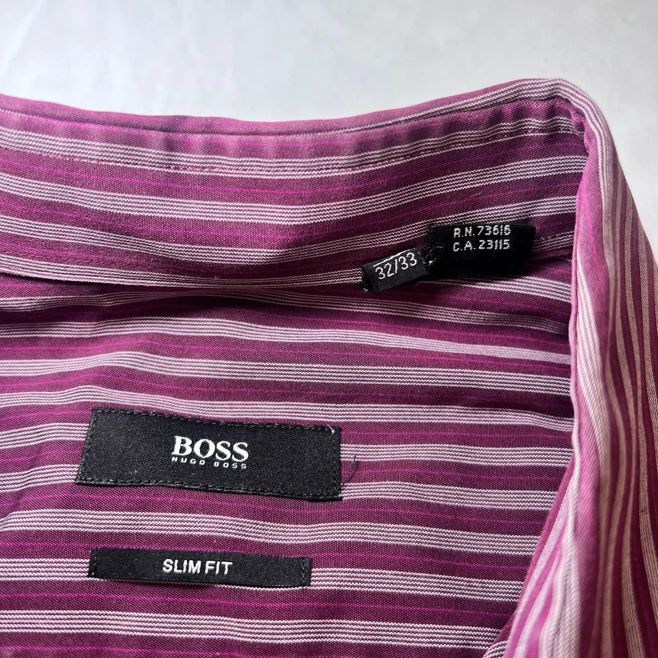 Camisa de vestir Hugo Boss ajustada para hombre 15,5 32/33 púrpura rosa a rayas 100 % algodón Foto 4 de 4