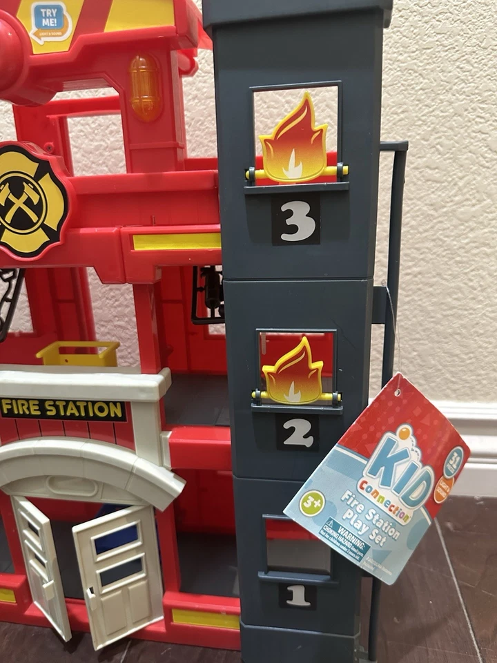 Kids Toy Fire Station Playset Red Gray Doors Lights Sound Action Pretend Play - Image 2 of 4
