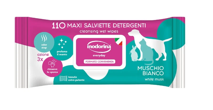 INODORINA Salviette detergenti per Cane/Gatto Muschio. 3 Buste da 110 Pz Cad.