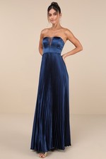 Lulus navy blue pleated satin strapless maxi dress with padded cups XS NWT