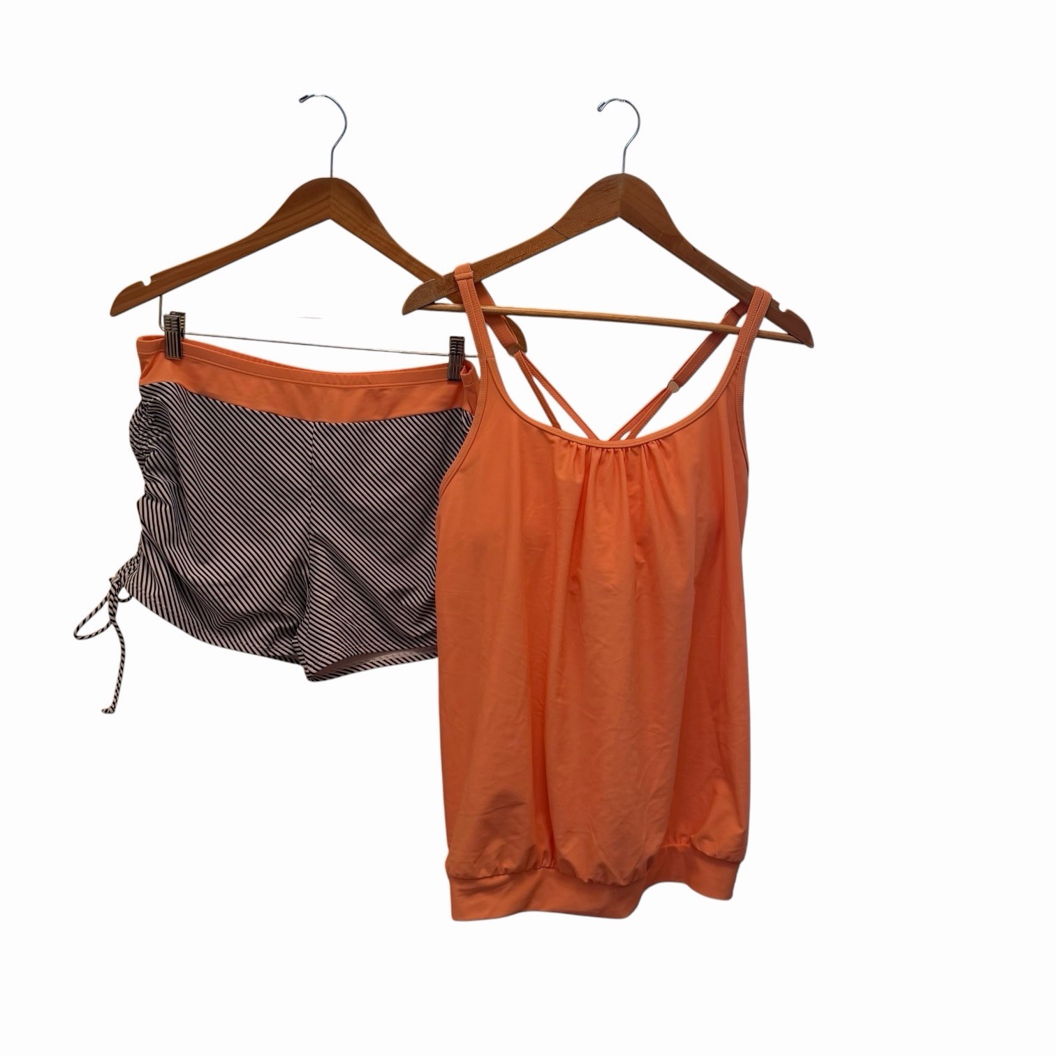 Orange Tankini Set XL Strappy Top & Striped Swim Shorts Womens