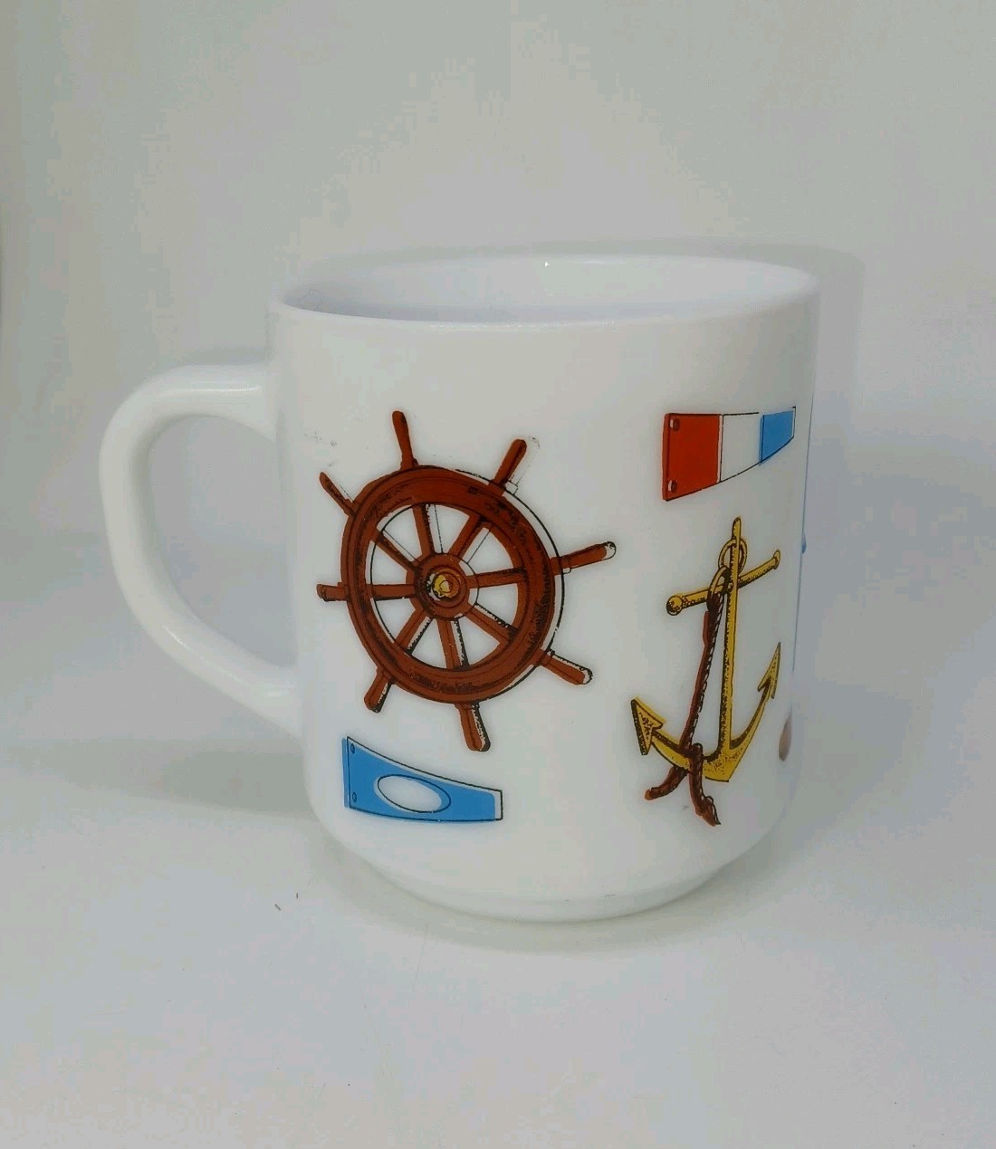 R. Carman Nautical Milk Glass Mug / Vintage White Glass Mug / Compass, Sailboat,