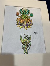 Buddha Aliens By Micky, Butler PA 1995 tattoo flash - Original Color Sketch