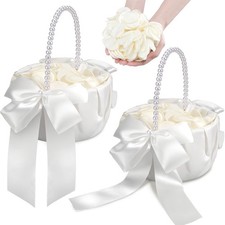 Wedding Flower Girl Basket Set of 2 - With 400Pcs Silk Flower Petals Pearl Ha...
