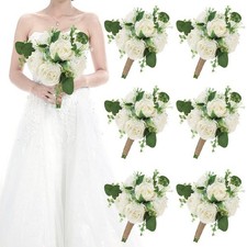Set of 6 Wedding Bridesmaid Bouquets - 7 Inch Ivory Artificial Flowers Bouque...