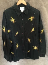 the Quacker Factory Large Women's Green Corduroy Shirt With Wheat Boughs Fall