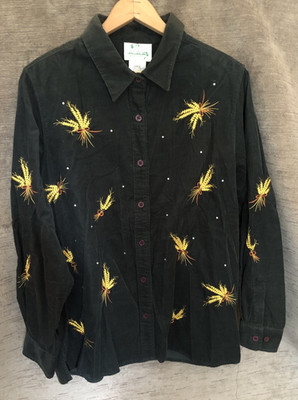 the Quacker Factory Large Women's Green Corduroy Shirt With Wheat Boughs Fall