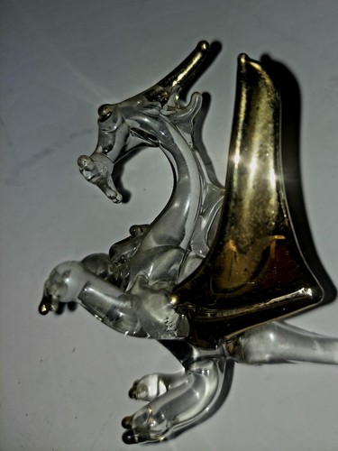 Hand Blown Art Glass Dragon Figurine Clear Crystal w/ Gold Accents Fantasy Decor