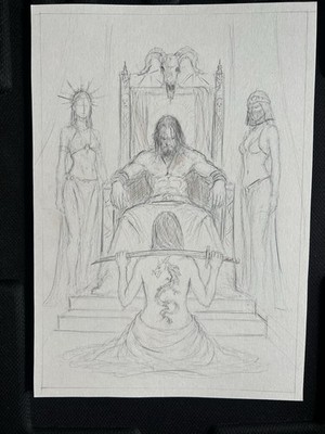Original Schwert & Zauberei Fantasy Zeichnung Barbarenkönig auf Thron A4