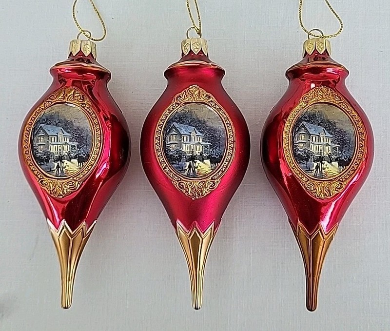 Set of 3, Vintage. Thomas Kinkade, Christmas Ornaments, Kurt Alder, Teardrop Joy