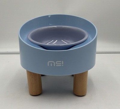 Makesure ME! Tilt Pet Bowl Elevated Cat/Dog Feeder Blue With Wood Legs 