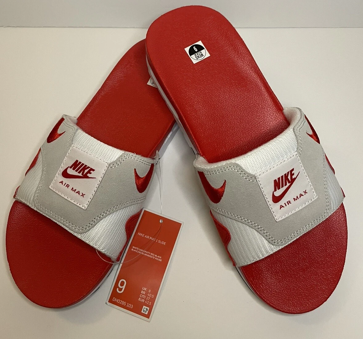 Nike Air Max 1 Slides Uomo Bianco Rosso DH0295 103 Taglia 9 NUOVE SPEDIZIONE GRATUITA