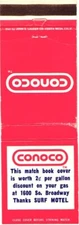 Conoco, 2 ¢ Per Gallon Discount On Your Gas, Surf Motel, Vintage Matchbook Cover