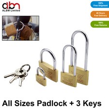 Brass Padlock Garage Shed Gate Locker Lock Suitcase Toolbox Long Shackle + Keys