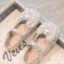 Kids Girls Glitter Crystal Shoes Rhinestone Diamond Bow Soft Sole Party Princess