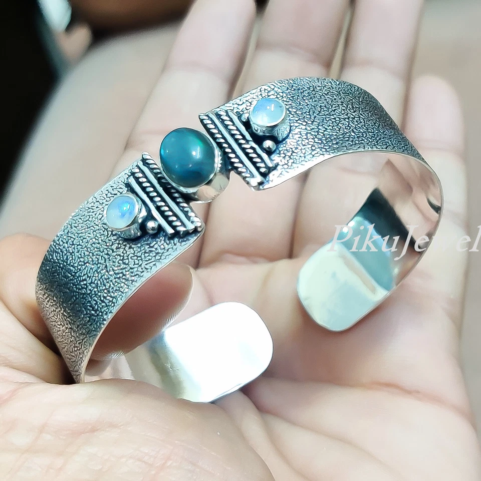 Moonstone & Blue Fire Labradorite Gemstone 925 Sterling Silver Bangle Bracelet - Image 4 of 4