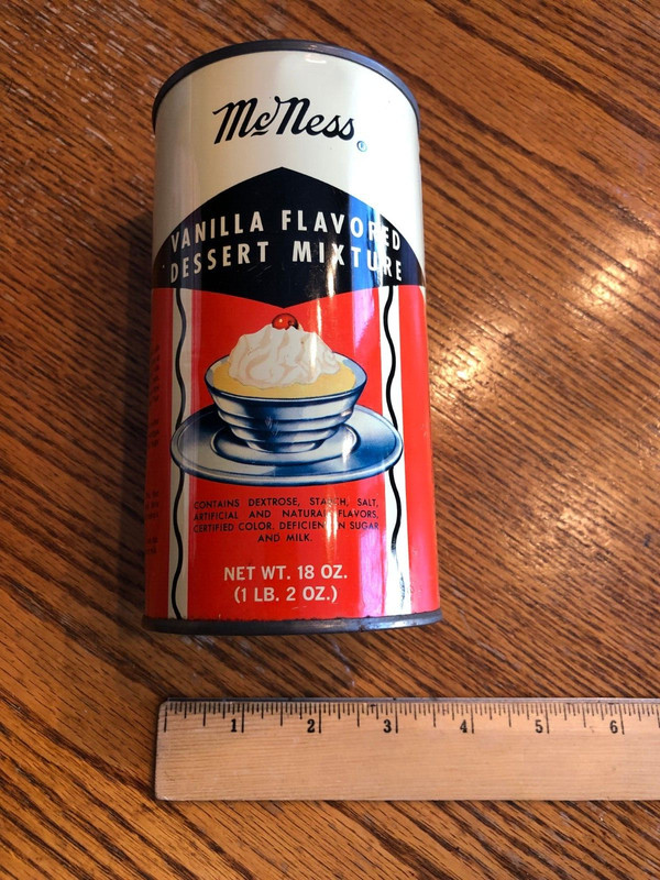 VINTAGE McNESS VANILLA FLAVORED DESERT MIX TIN CAN 18 OZ 6" HIGH X 3.25" WIDE