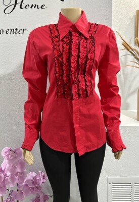 Fredericks Womens Red Ruffle Button Down Shirt Size XL Collared Neck Long Sleeve