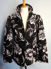 Vintage Womens Black White Floral Design Jacket. Quilted Satin Fabric. Lined