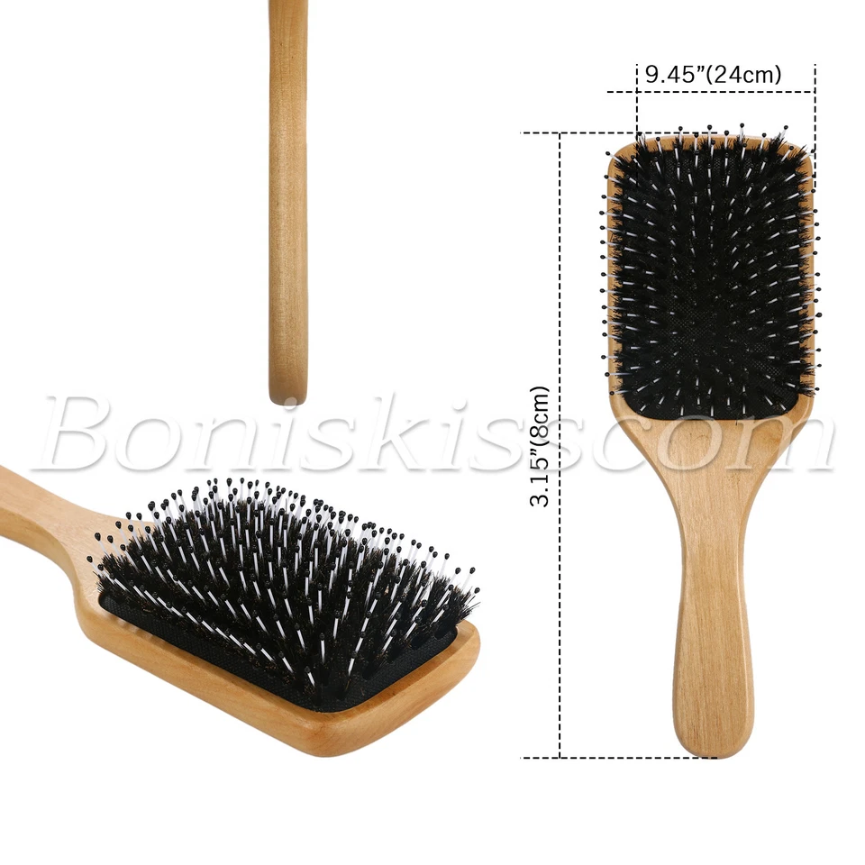 Peine de cerdas de jabalí natural profesional cojín desenredante de madera cepillo para el cabello masaje para cuero cabelludo Foto 2 de 4